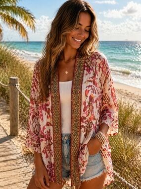 Soft Surroundings Boho Kimono Cardigan Floral Red Open Front S/M Resortwear